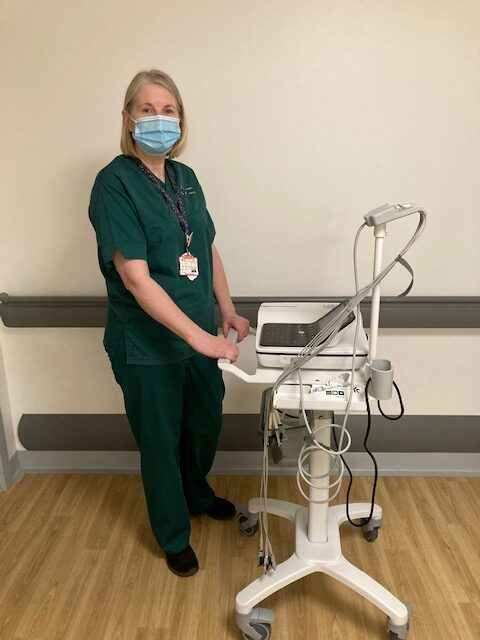 Louise Hughes with ECG machine for Glangwili SCBU picture