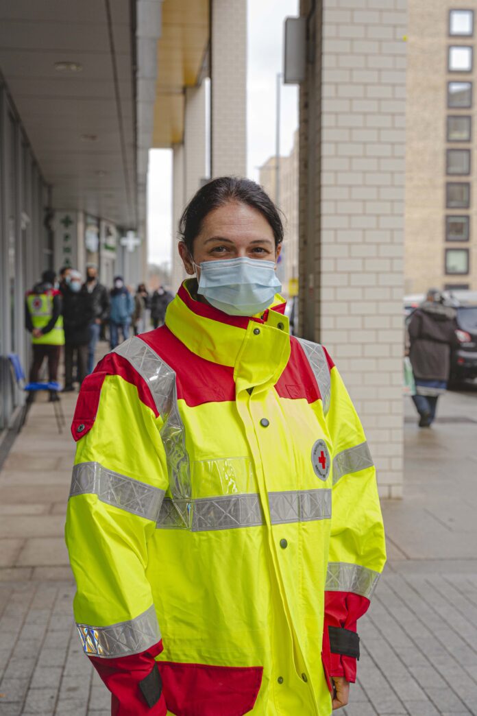 British Red Cross volunteers support at mass vaccination centre, London, England, 3rd February 2021