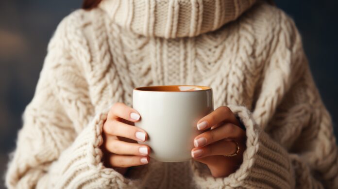 Woman in cozy sweater holding hot drink.
