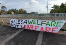 Local campaigners risk arrest to disrupt Welsh Government defence event, attacking Plaid Cymru’s support for the industry