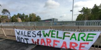 Local campaigners risk arrest to disrupt Welsh Government defence event, attacking Plaid Cymru’s support for the industry