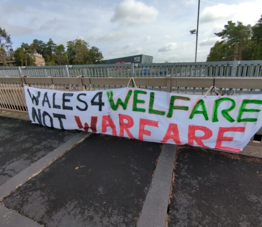 Local campaigners risk arrest to disrupt Welsh Government defence event, attacking Plaid Cymru’s support for the industry